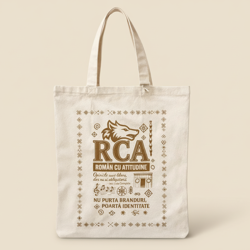 Geanta tote natural din bumbac organic cu print traditional RCA · Român cu Atitudine