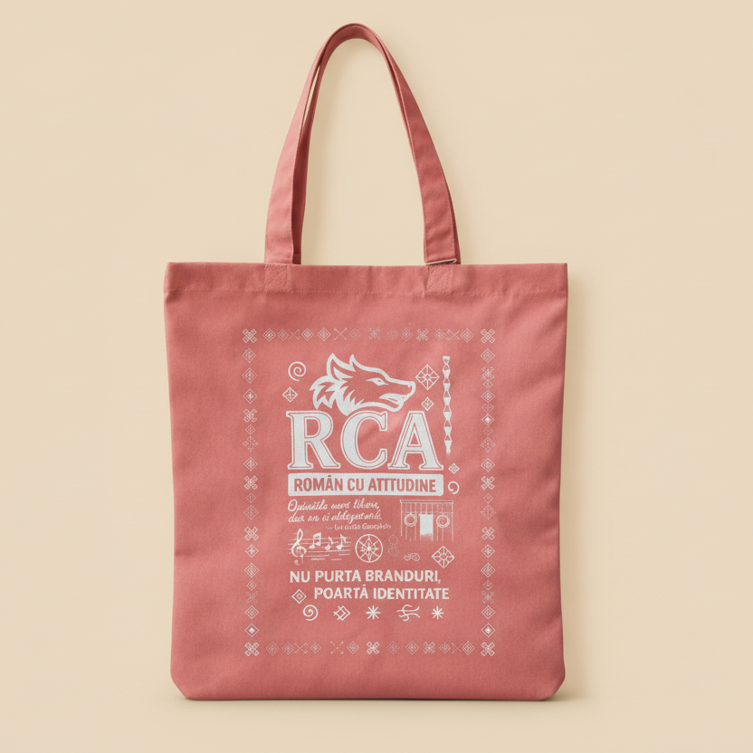 Geanta tote dusty rose din bumbac organic cu print traditional RCA · Român cu Atitudine